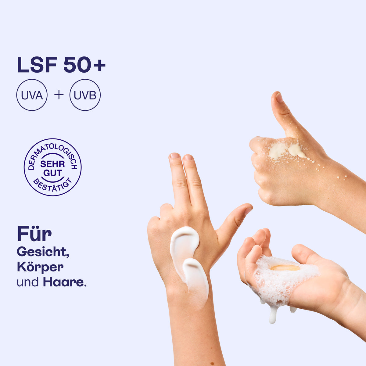 Hände mit Sonnenspray, Creme und Schaum aus dem talking hands Bundle, LSF 50+.
