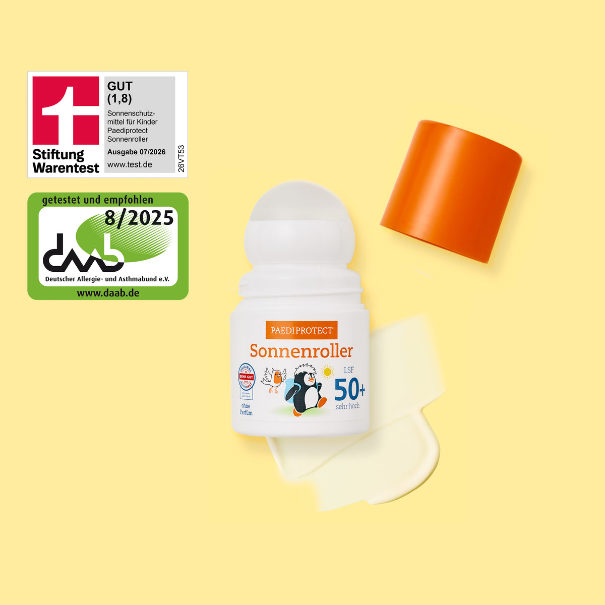 Sonnenroller LSF 50+ mit Siegel der Stiftung Warentest 8/2025 und dermatest.