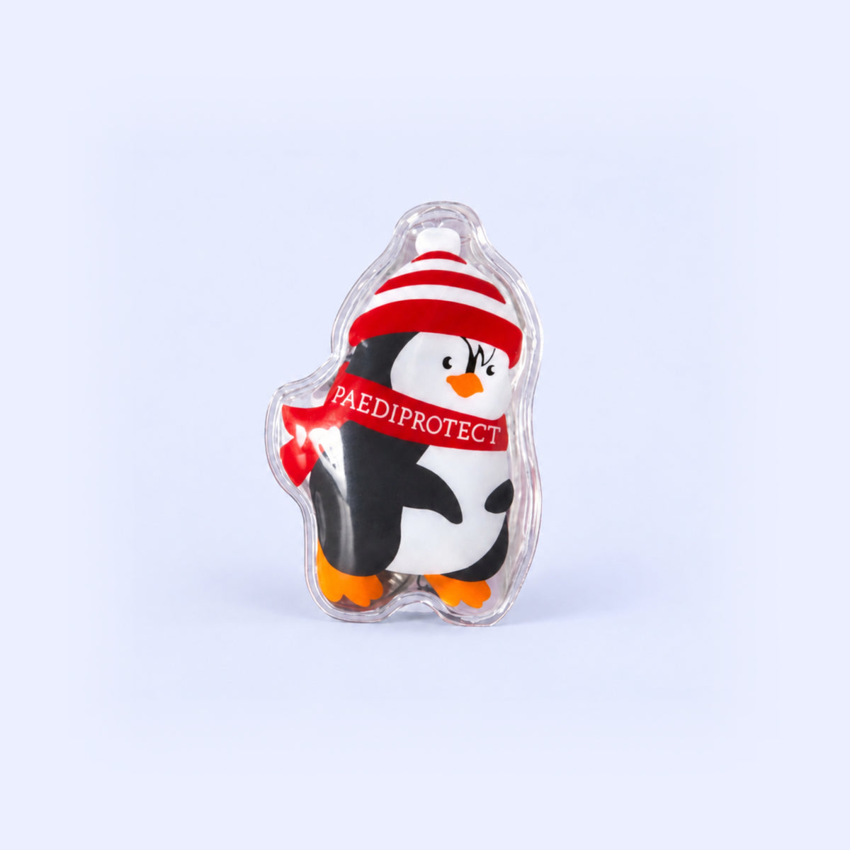 PAEDIPROTECT Handwärmer in Pinguinform mit roter Mütze und Schal.