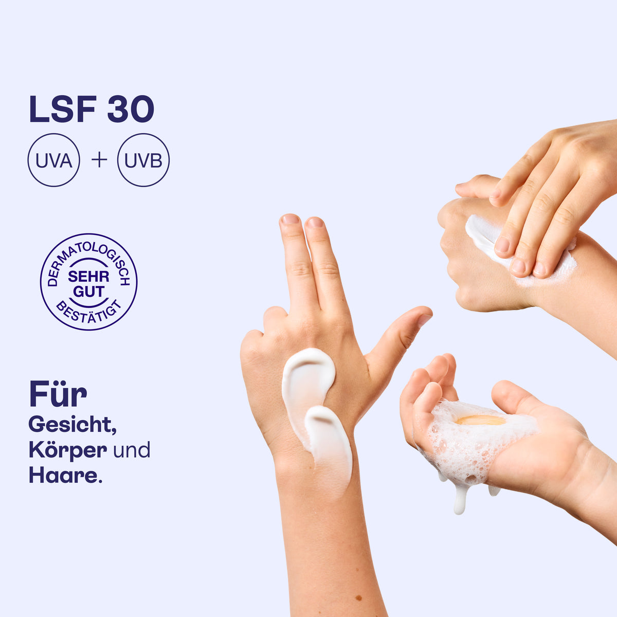 Hände mit Creme und Schaum aus dem Mineral Bundle, LSF 30, Schutz vor UVA und UVB.