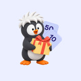 Pinguin Pauli mit Geschenk und Gutscheinkarten über 10 und 50 Euro.