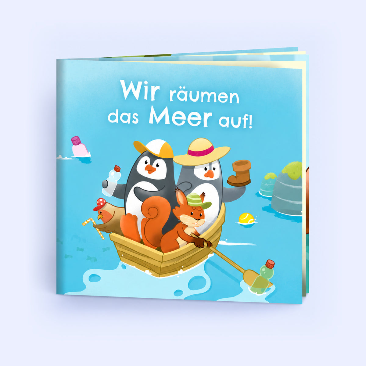 Cover des Pauli-Büchleins Wir räumen das Meer auf: Pauli, Pauline und Freunde im Ruderboot zwischen Müll.