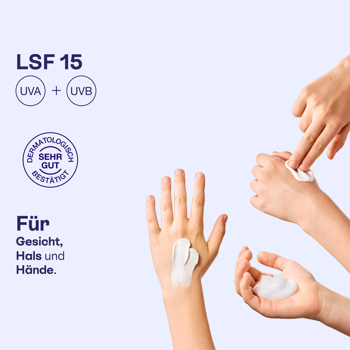 Hände mit Creme und Schaum aus dem Wetterfest Bundle, LSF 15, Schutz vor UVA und UVB.