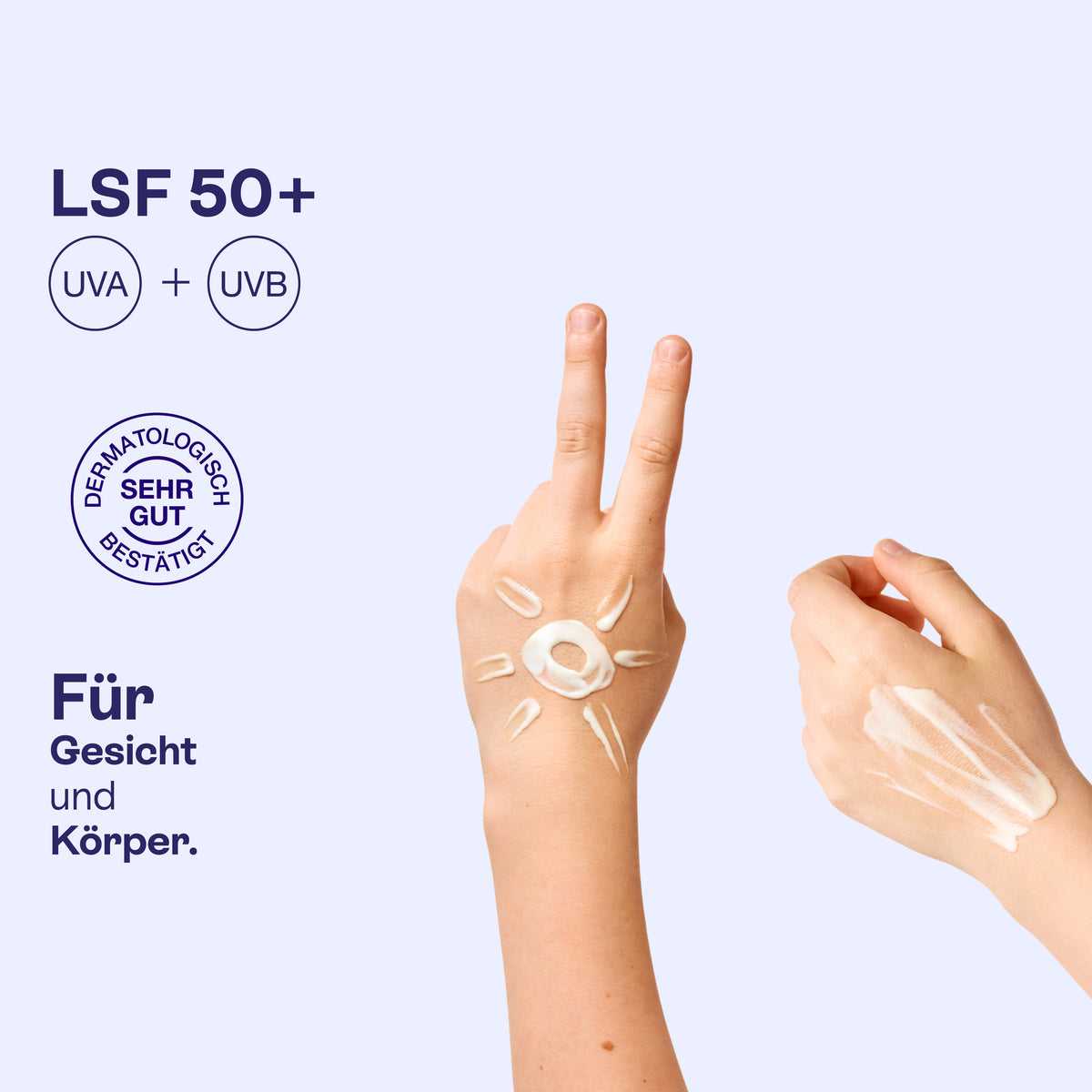 Familiensonnencreme als Sonne auf der Hand und Creme auf dem Unterarm, LSF 50+, Schutz vor UVA und UVB.