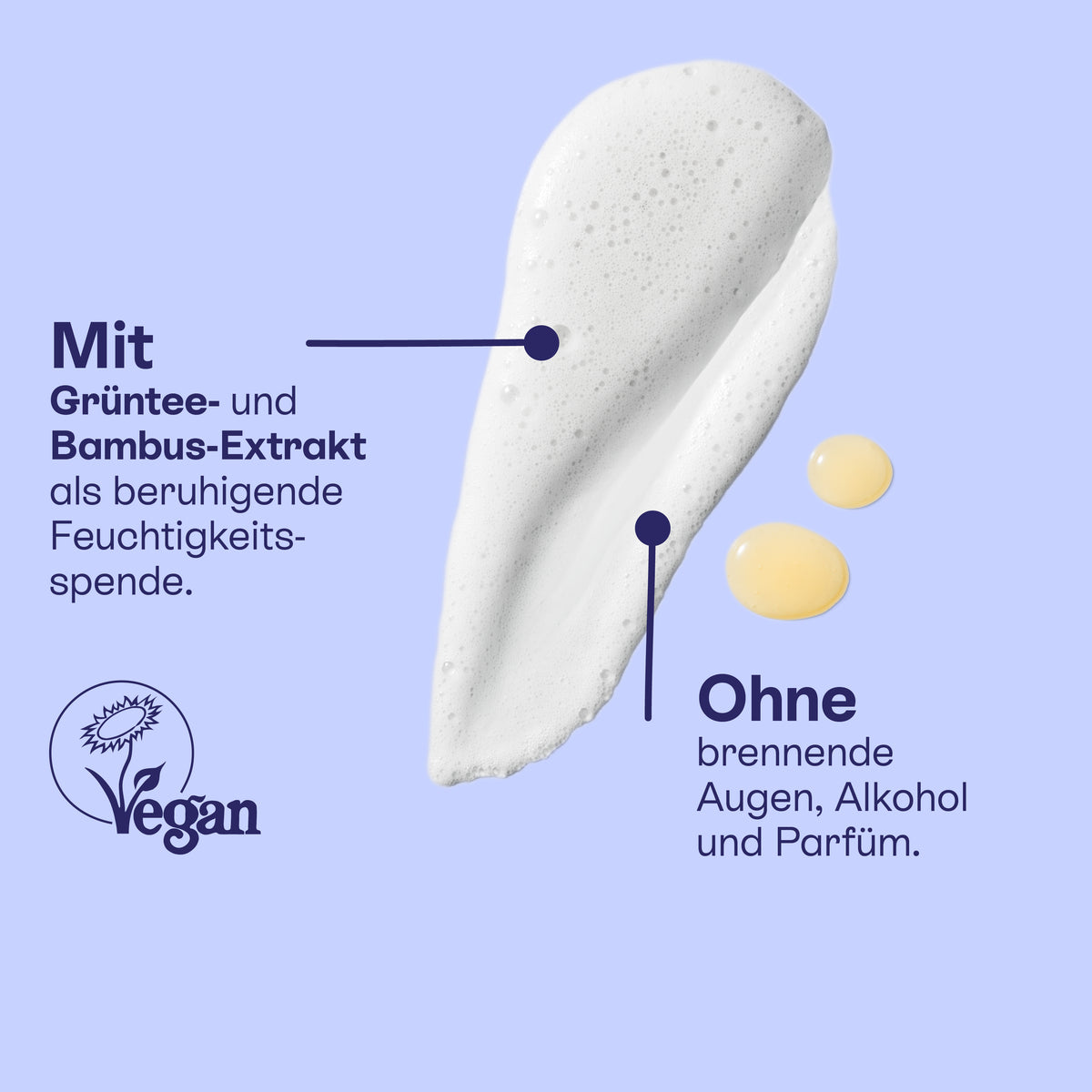 Textur mit Grüntee- und Bambusextrakt, ohne brennende Augen, Alkohol und Parfüm, vegan.
