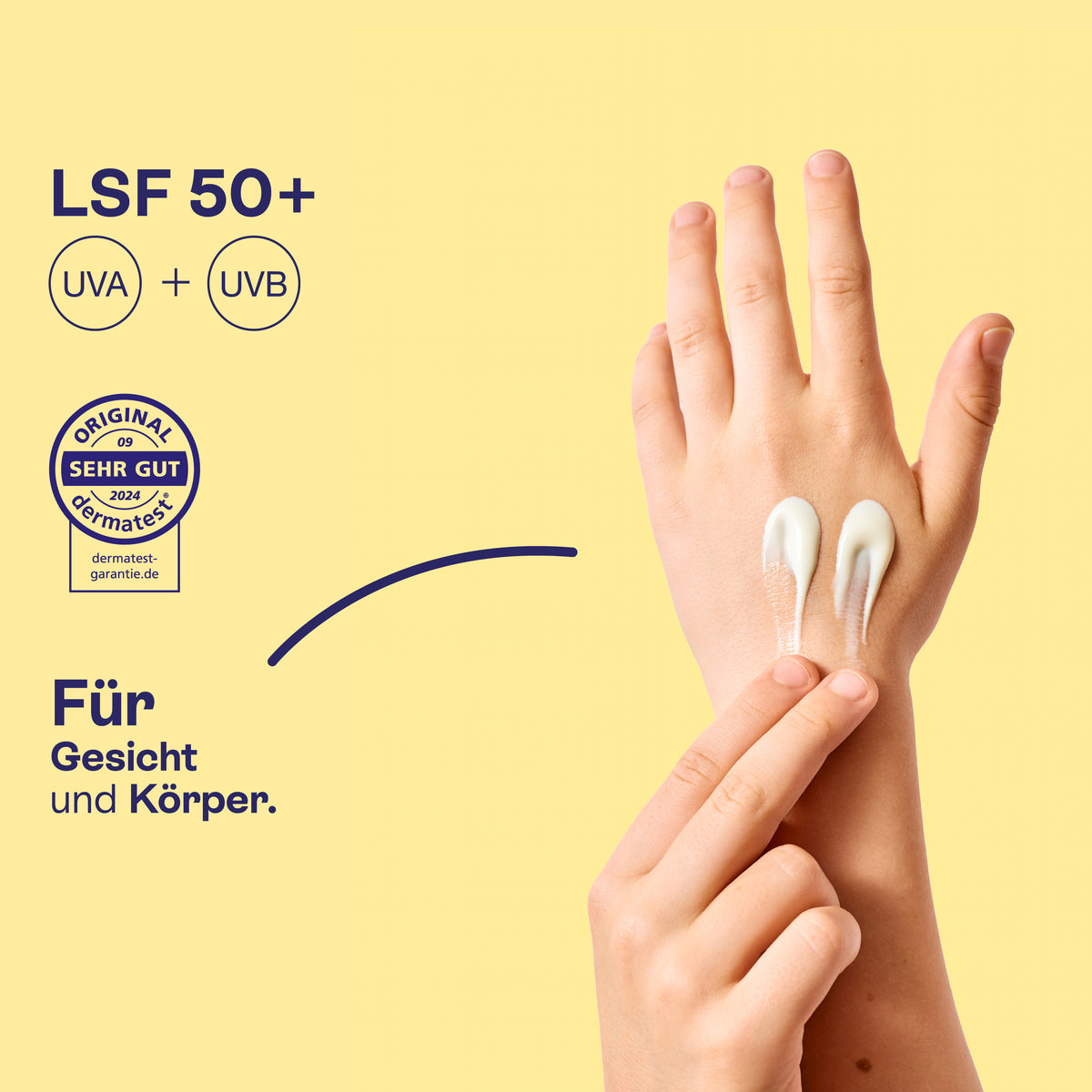 Alpinsonnencreme LSF 50+ auf der Hand, für Gesicht und Körper, Schutz vor UVA und UVB.