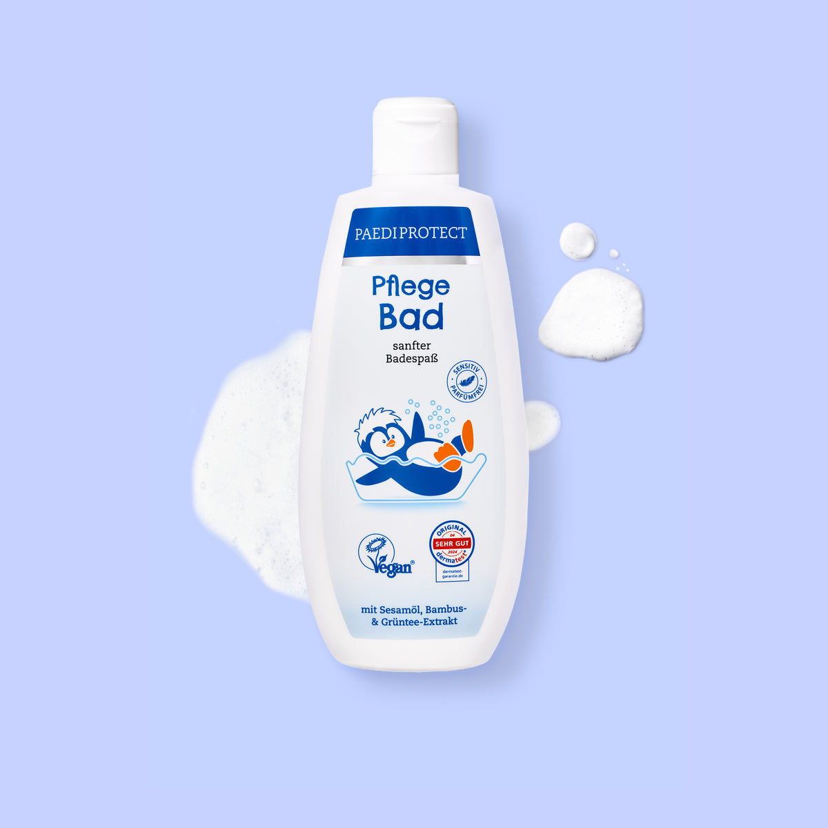 PAEDIPROTECT Pflegebad in der Flasche, daneben ein Klecks.