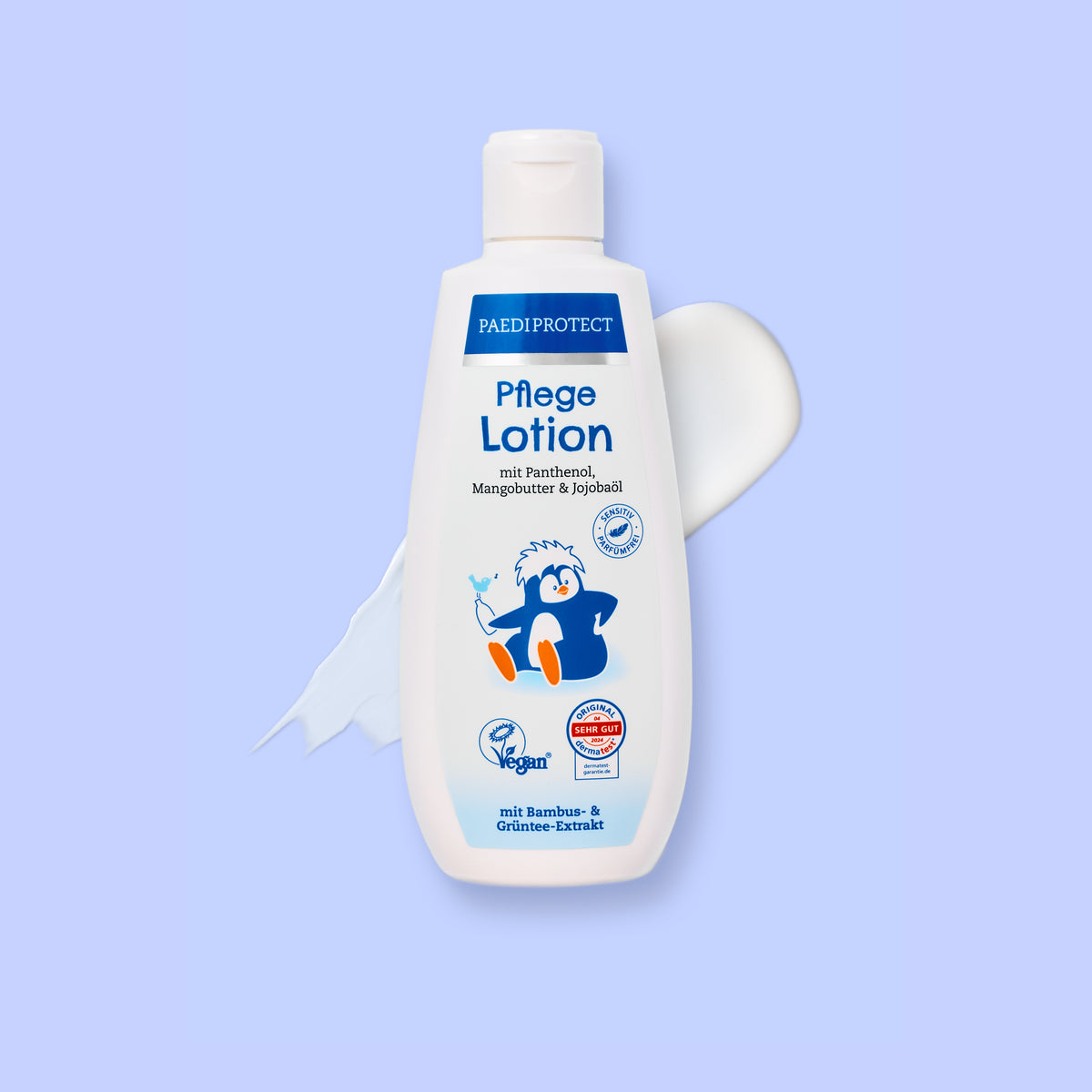 PAEDIPROTECT Pflegelotion in der Flasche, daneben ein Klecks Creme.