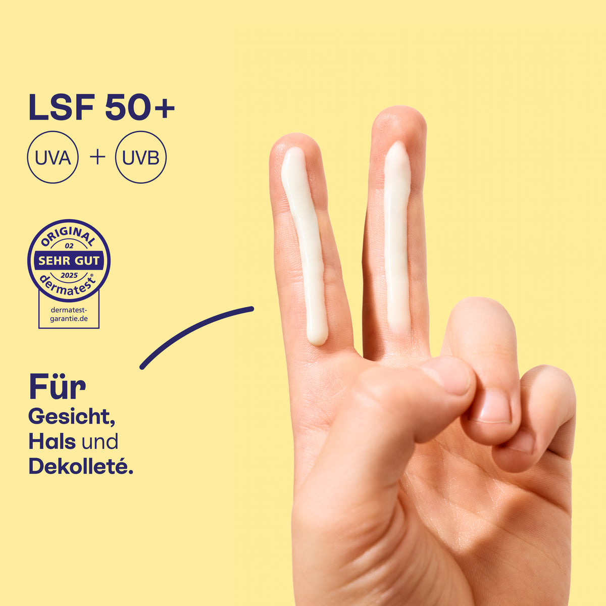 Sonnenfluid LSF 50+ auf zwei Fingern, für Gesicht, Hals und Dekolleté, Schutz vor UVA und UVB.