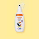 PAEDIPROTECT Sonnenspray LSF 50+ in der Sprühflasche, darüber ein Sprühnebel.