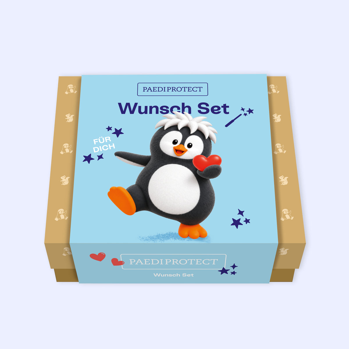 Geschlossene Wunsch-Set-Schachtel mit Pinguin Pauli, Herzen und Sternen.