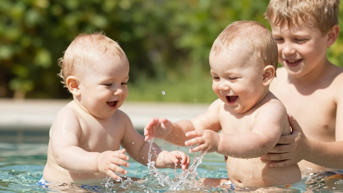 Baby und Kind spielen im Sommerwasser mit Sonnenlicht.