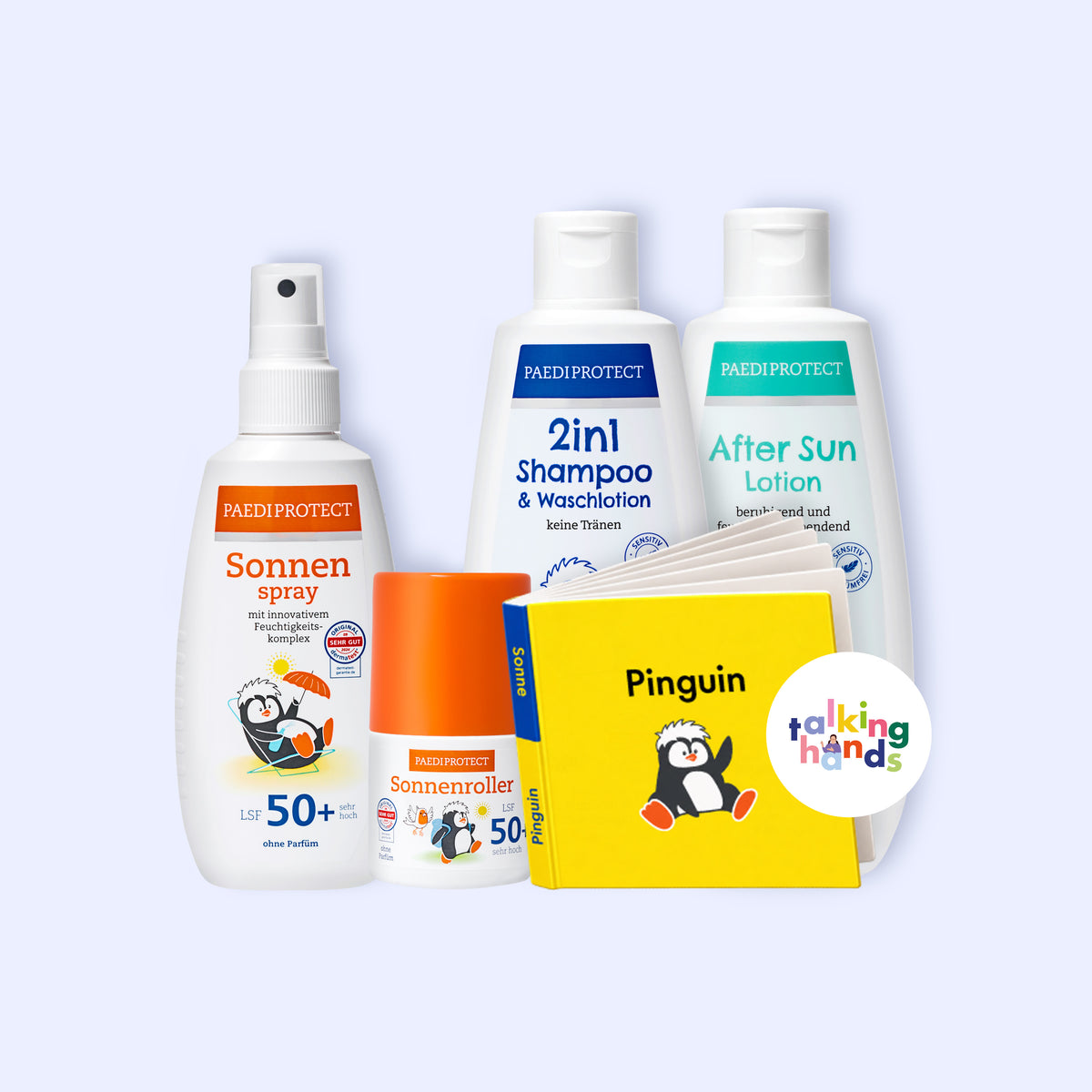 talking hands Bundle mit Sonnenspray, Sonnenroller, 2in1 Shampoo, After Sun und Daumenkino, für Gesicht, Körper und Haare.