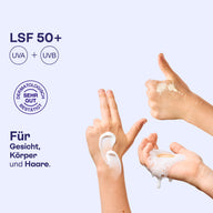 Hände mit Sonnenspray, Creme und Schaum aus dem talking hands Bundle, LSF 50+.