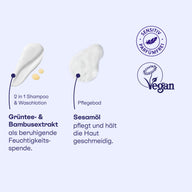 Texturen von 2in1 Shampoo mit Grüntee- und Bambusextrakt und Pflegebad mit Sesamöl, vegan.