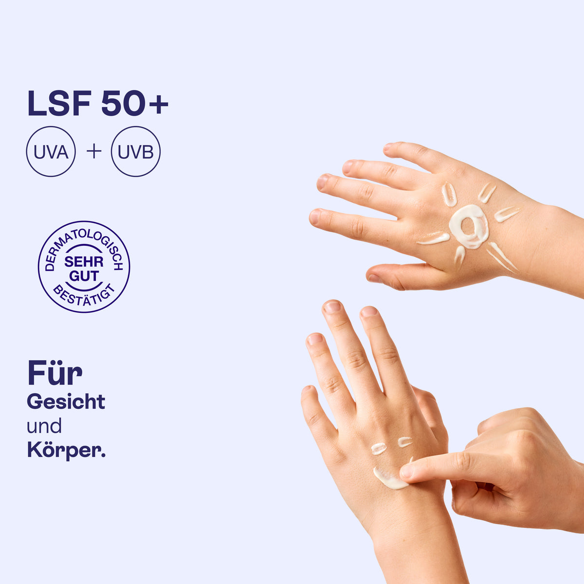 Familiensonnencreme auf der Hand und Creme auf dem Unterarm, LSF 50+, Schutz vor UVA und UVB.