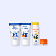 Kurztrip Bundle mit Sonnenstick LSF 50, 2in1 Shampoo und Waschlotion Reisegröße und Pflegelotion Reisegröße, für Gesicht, Körper und Haare.