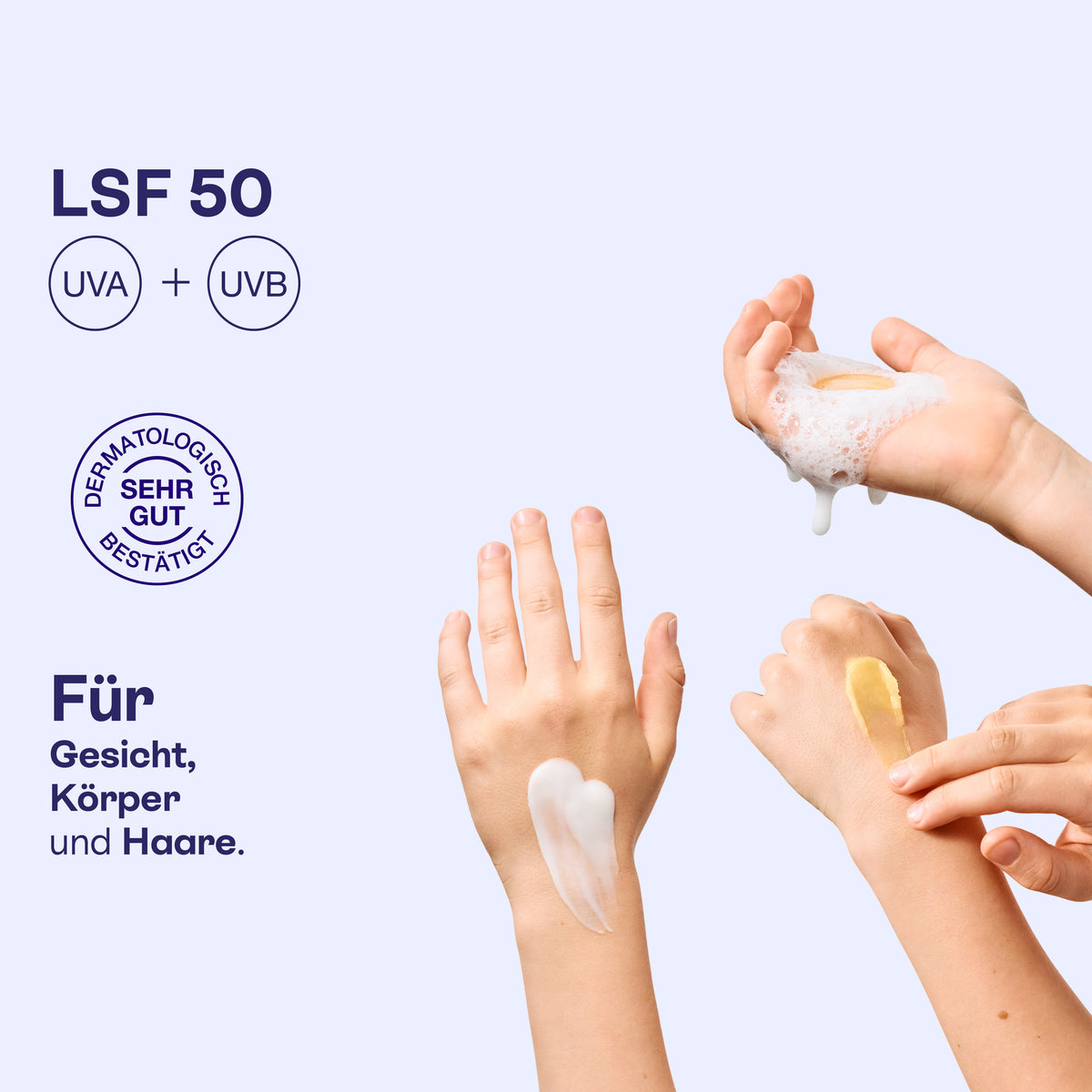 Hände mit Schaum, Sonnenstick und Creme aus dem Kurztrip Bundle, LSF 50.