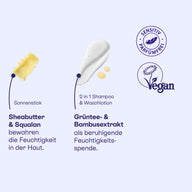 Texturen von Sonnenstick mit Sheabutter und Squalan sowie 2in1 Shampoo mit Grüntee- und Bambusextrakt, vegan.