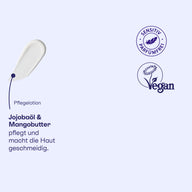Textur der Pflegelotion mit Jojobaöl und Mangobutter, vegan.