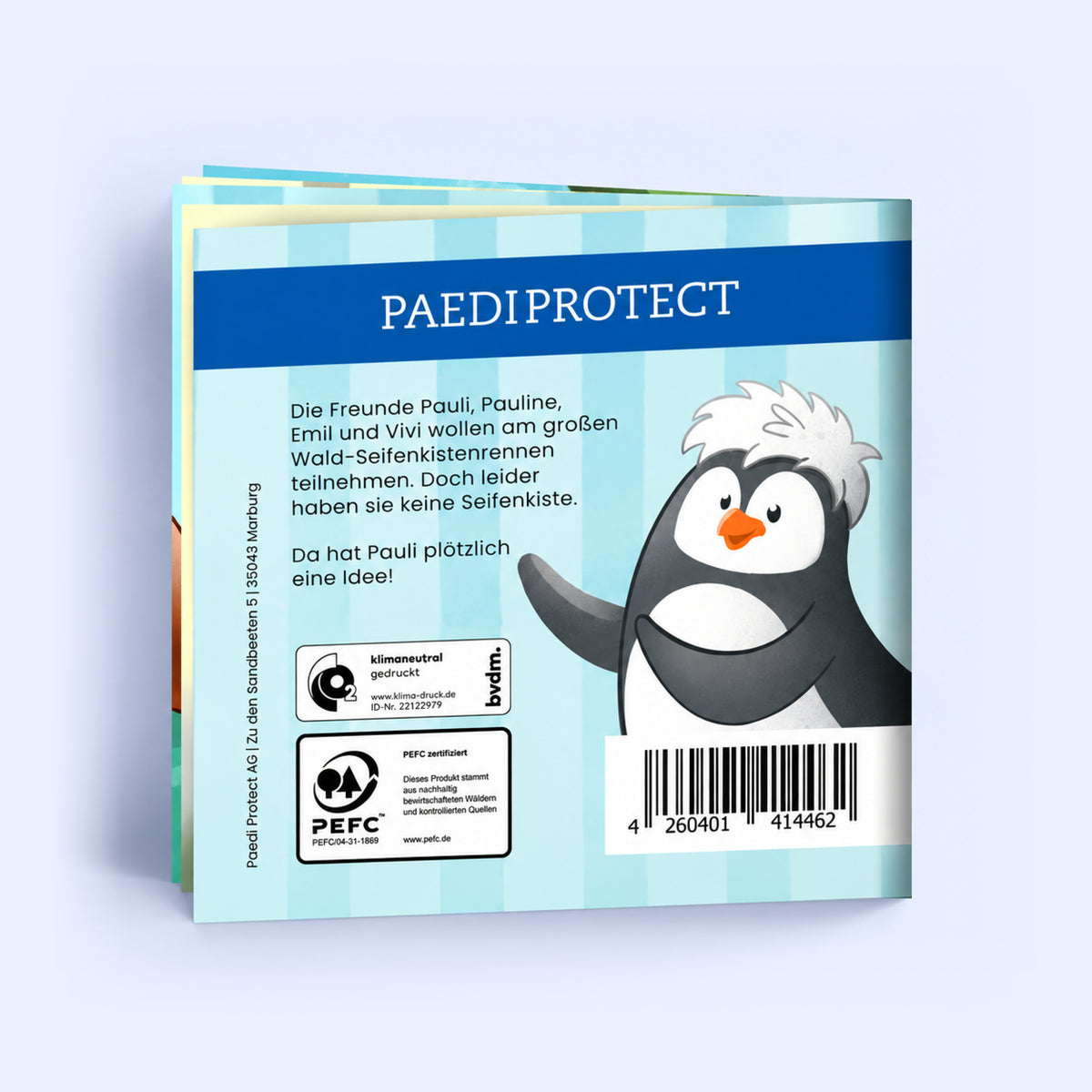 Rückseite von Gemeinsam schaffen wir alles mit Pinguin Pauli und kurzer Geschichte.