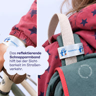 Reflektierendes Schnapparmband an einem Kinderarm und an einem Rucksack.