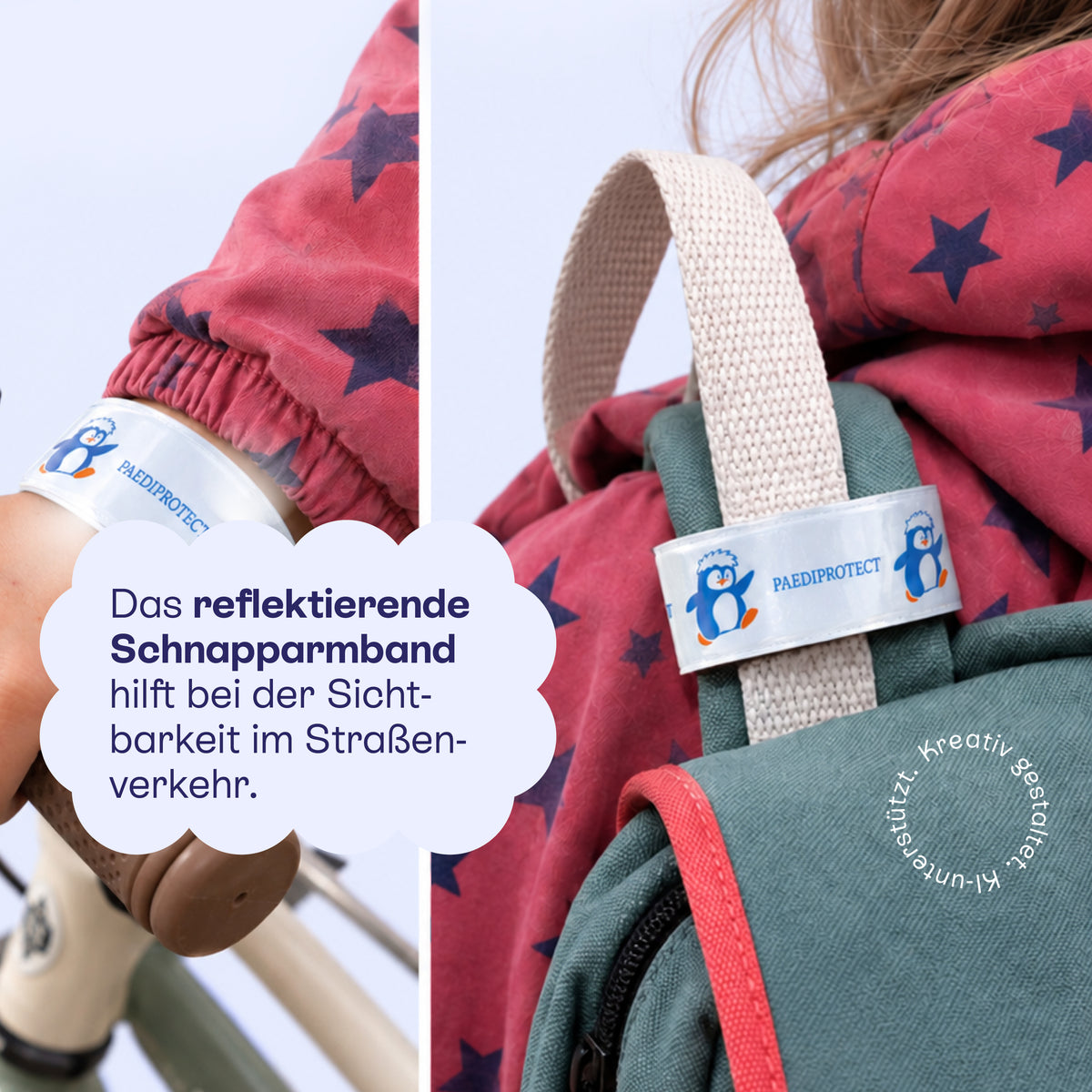 Reflektierendes Schnapparmband an einem Kinderarm und an einem Rucksack.