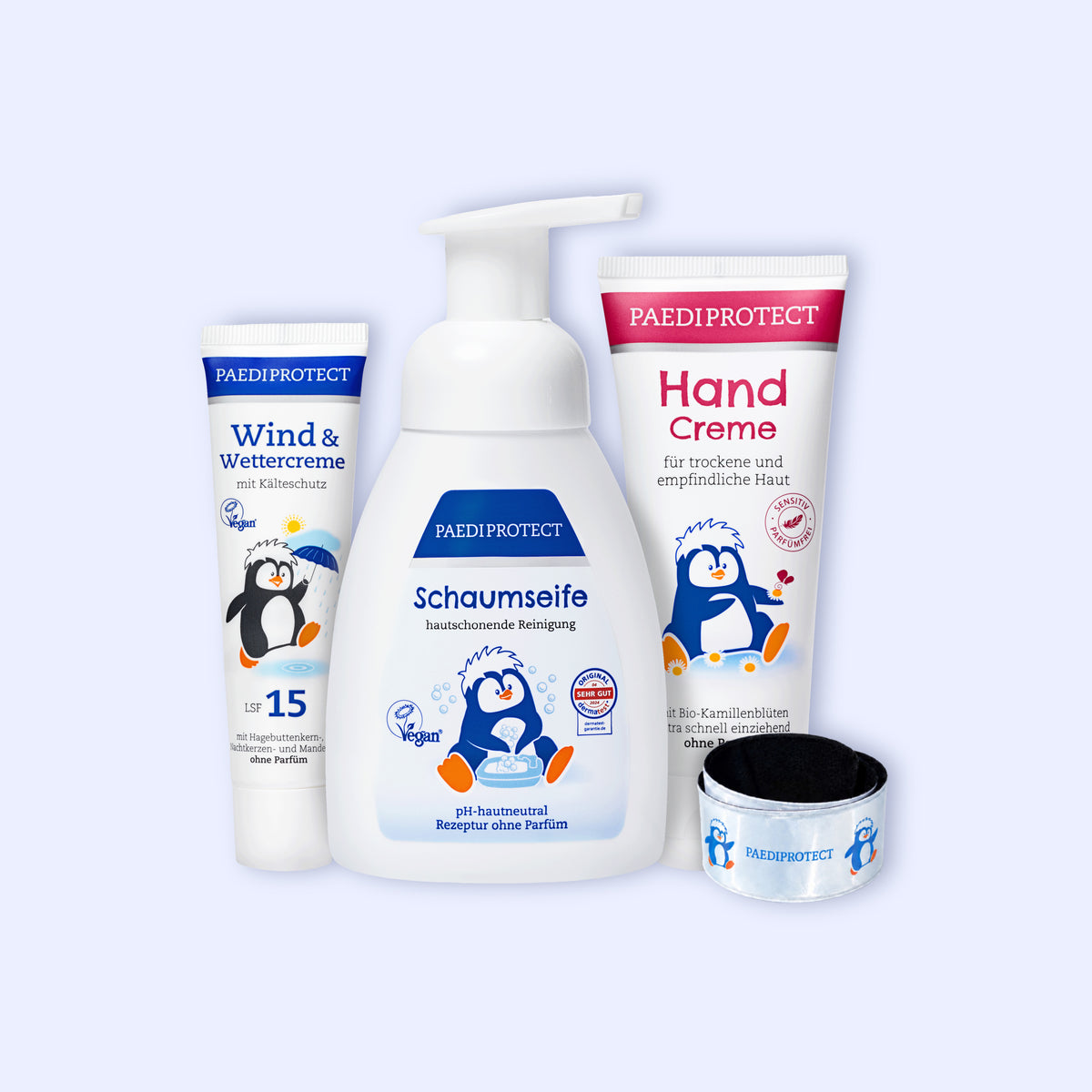 Wetterfest Bundle mit Wind- und Wettercreme, Schaumseife, Handcreme und Schnapparmband, für Gesicht, Hals und Hände.
