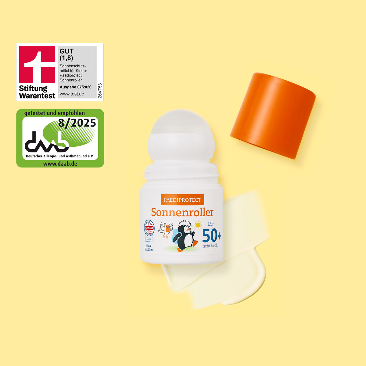 Sonnenroller LSF 50+ mit Siegel der Stiftung Warentest 8/2025 und dermatest.