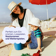Mutter und Kind mit Sonnenhut am Strand, bereit zum Eincremen, Planschen und Spielen.
