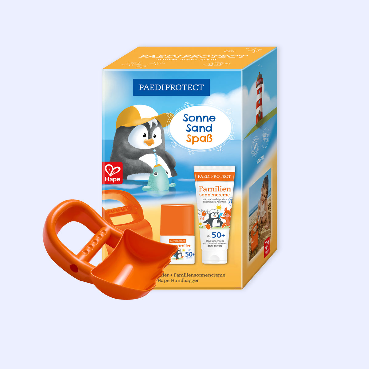 Sonne Sand Spaß Set mit Sandförmchen, Familiensonnencreme und Sonnenroller, für Gesicht und Körper.