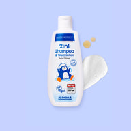 PAEDIPROTECT 2in1 Shampoo & Waschlotion in der Flasche, daneben Schaum.