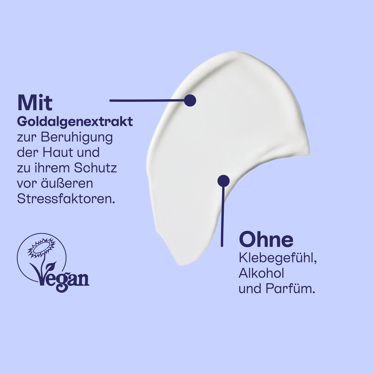 Textur mit Goldalgenextrakt, ohne Mikroplastik, Alkohol und Parfüm, vegan.