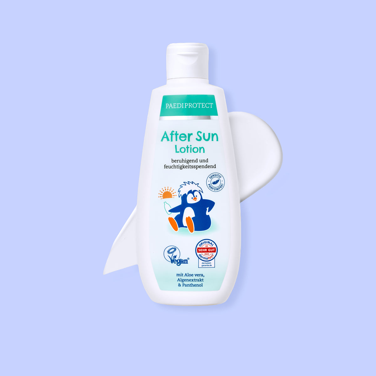 PAEDIPROTECT After Sun Lotion in der Flasche, daneben ein Klecks Lotion.