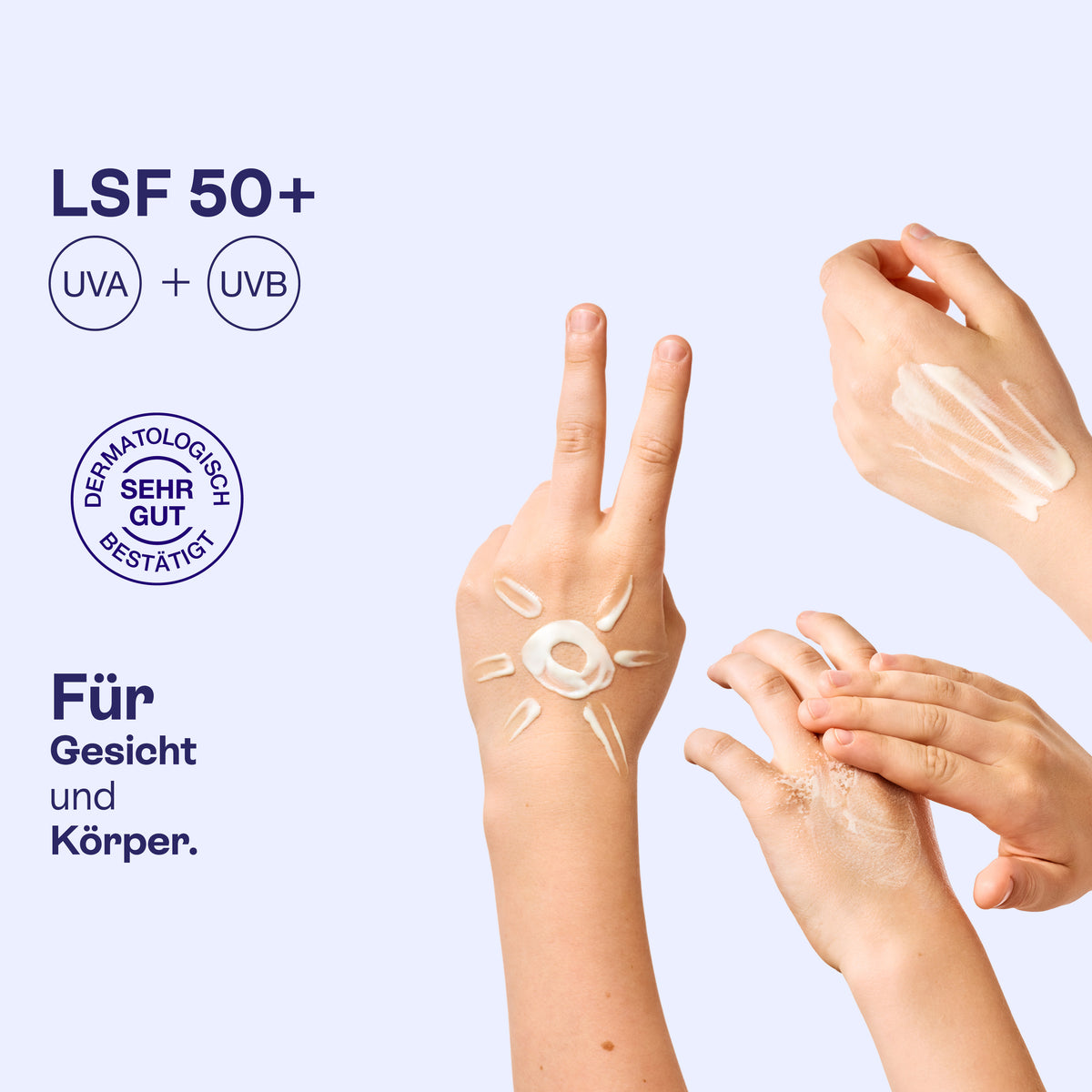 Hände mit Familiensonnencreme und weiterer Creme, LSF 50+, Schutz vor UVA und UVB.