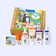 Familien Set Sonne mit Sonnenroller, Sonnenspray, Familiensonnencreme, Gesichtssonnencreme und Pflegelotion, für Gesicht und Körper.