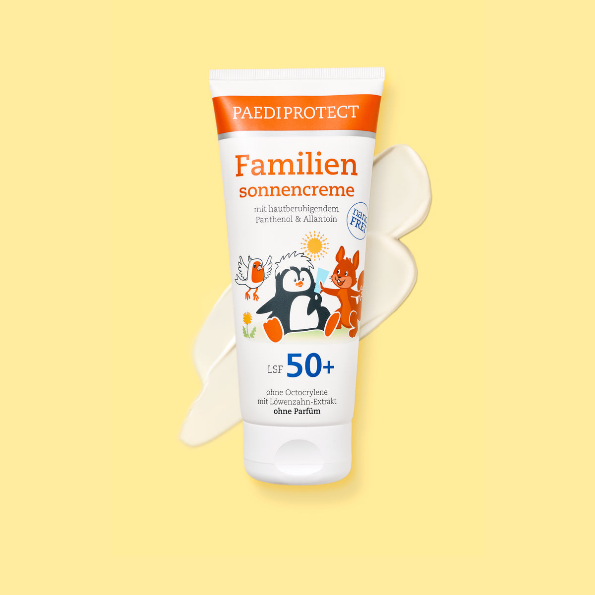 PAEDIPROTECT Familiensonnencreme LSF 50+ in der Tube, daneben ein Klecks Creme.