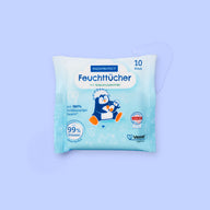 Packung PAEDIPROTECT Feuchttücher mit 10 Tüchern und 99 % Wasser.