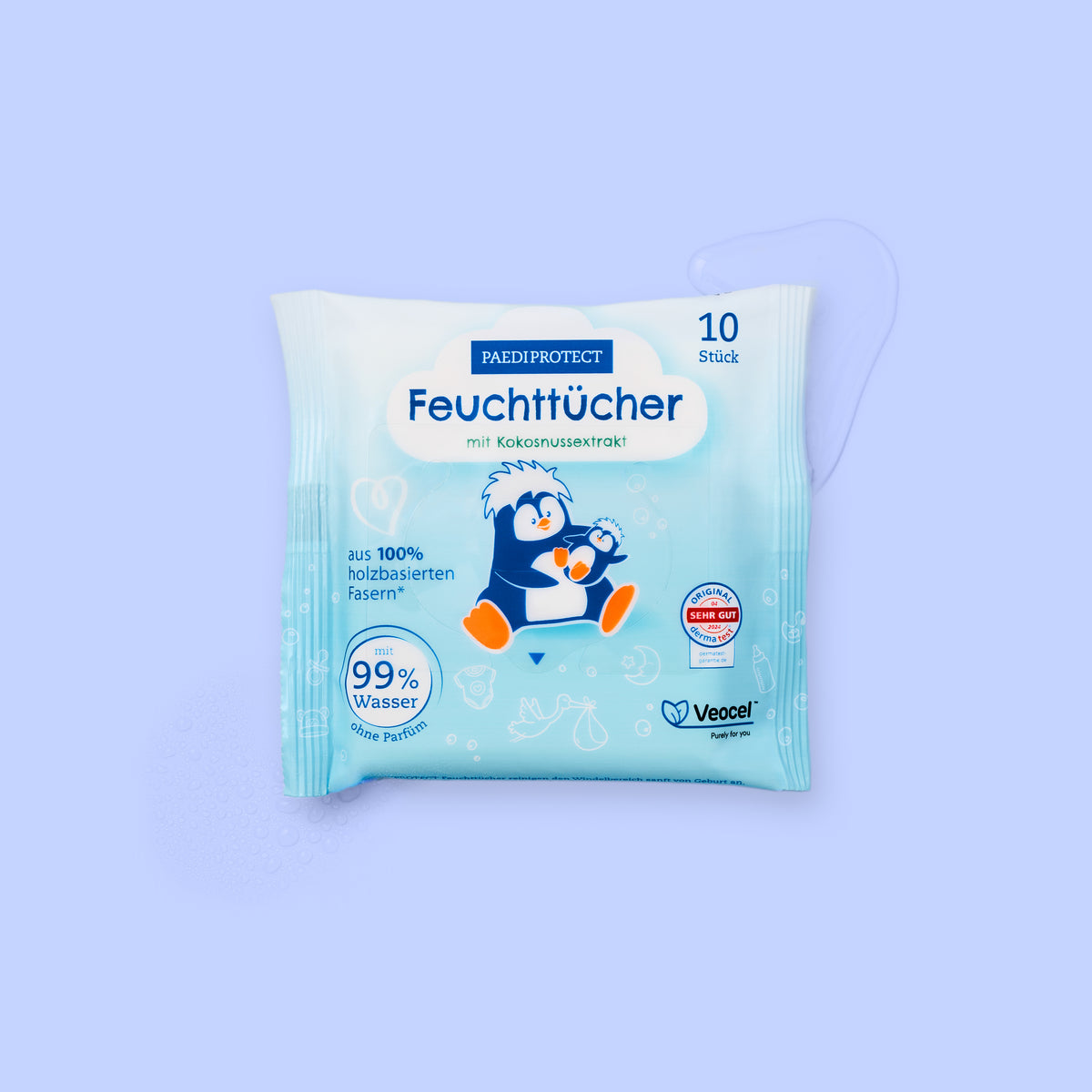 Packung PAEDIPROTECT Feuchttücher mit 10 Tüchern und 99 % Wasser.