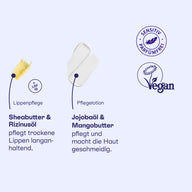 Texturen von Lippenpflege mit Sheabutter und Rizinusöl sowie Pflegelotion mit Jojobaöl und Mangobutter, vegan.