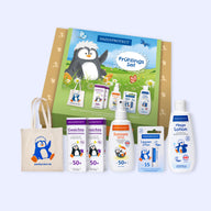 PAEDIPROTECT Frühlings Set mit Gesichtssonnencreme, Sonnenspray, Lippenpflege, Pflegelotion und Jutebeutel, für Gesicht, Lippen und Körper.