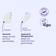 Texturen von Pflegebad mit Sesamöl und Intensiv Pflegecreme mit Jojobaöl und Mangobutter, vegan.