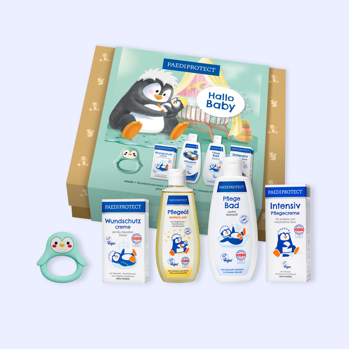 Hallo Baby Hautpflege Set mit Wundschutzcreme, Pflegeöl, Pflegebad, Intensiv Pflegecreme und Beißring, ab Geburt.