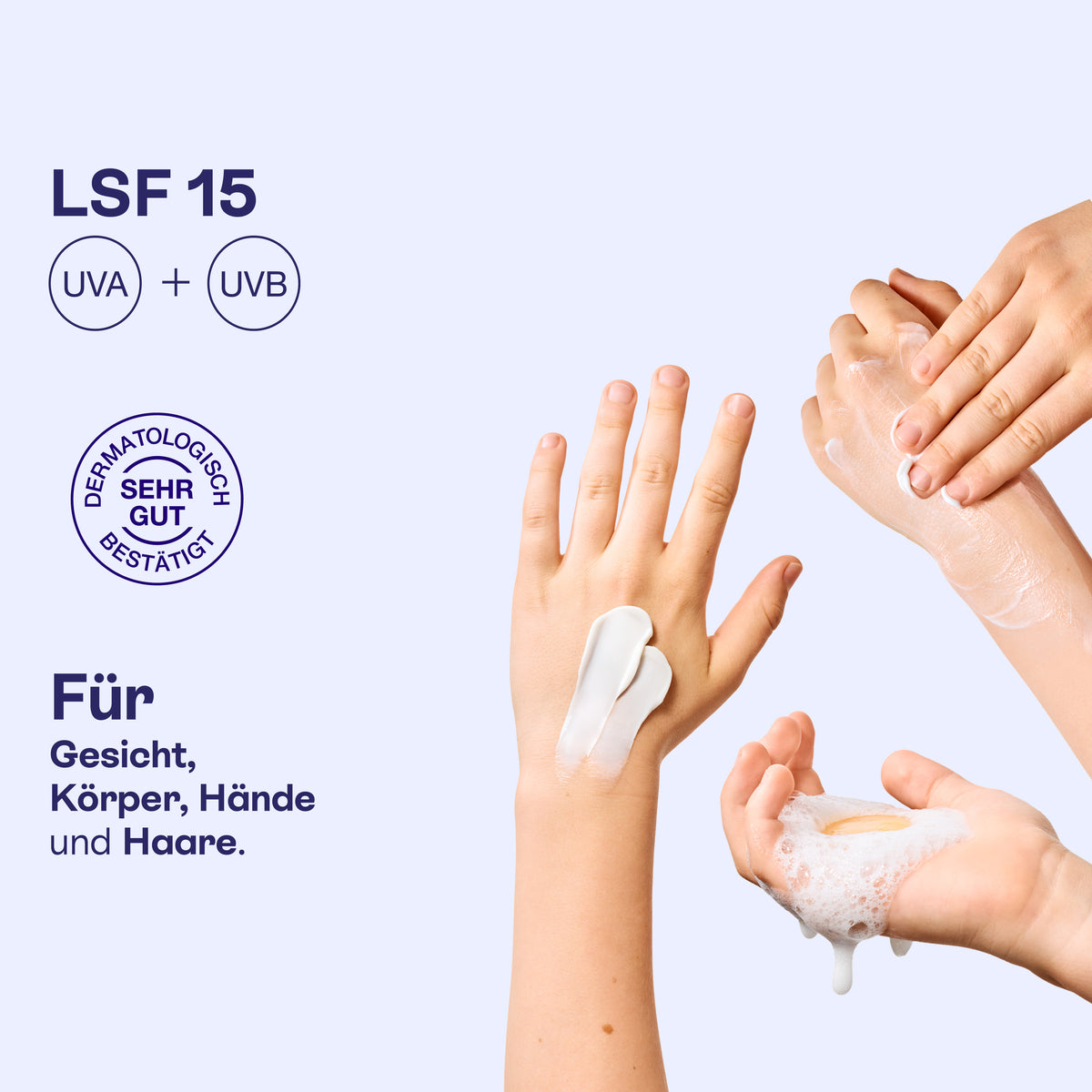 Hände mit Creme und Schaum aus dem Herbst Set, LSF 15, Schutz vor UVA und UVB.