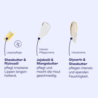 Texturen von Lippenpflege mit Sheabutter und Rizinusöl, Intensiv Pflegecreme mit Jojobaöl und Mangobutter sowie Handcreme mit Glycerin und Sheabutter.