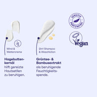 Texturen von Wind- und Wettercreme mit Hagebuttenkernöl und 2in1 Shampoo mit Grüntee- und Bambusextrakt, vegan.