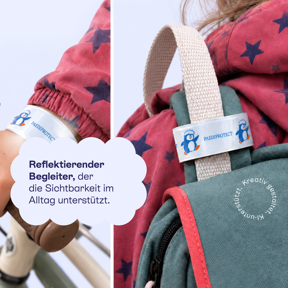 Reflektierendes Schnapparmband an einem Kinderarm und an einem Rucksack.