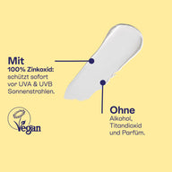 Textur mit 100 % Zinkoxid als Sofortschutz, ohne Alkohol, Titandioxid und Parfüm, vegan.