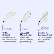 Texturen aus dem Set: Gesichtspflege mit Zinkoxid, Pflegelotion mit Jojobaöl und Mangobutter, 2in1 Shampoo mit Grüntee- und Bambusextrakt.