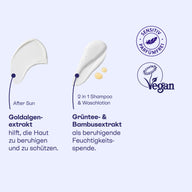 Texturen von After Sun mit Goldalgenextrakt und 2in1 Shampoo mit Grüntee- und Bambusextrakt, vegan.